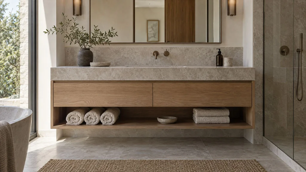 A minimalist floating vanity with an open shelf holding rolled towels