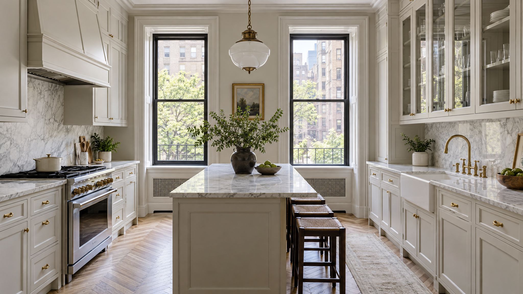 Renovated pre-war Upper East Side co-op kitchen with painted inset cabinetry, marble counters and tall original windows