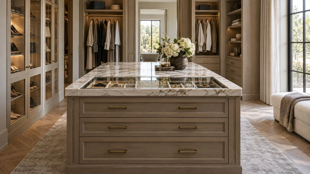 A closet island with a marble top, a glass display top and velvet-lined drawers in a spacious dressing room