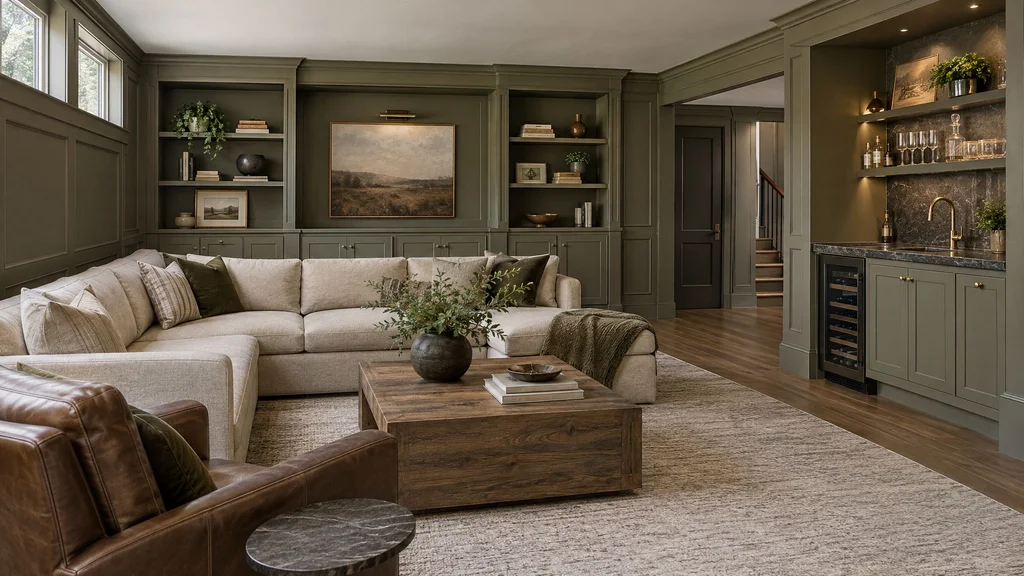 A finished basement family room with built-in shelving, a wet bar and paneled walls