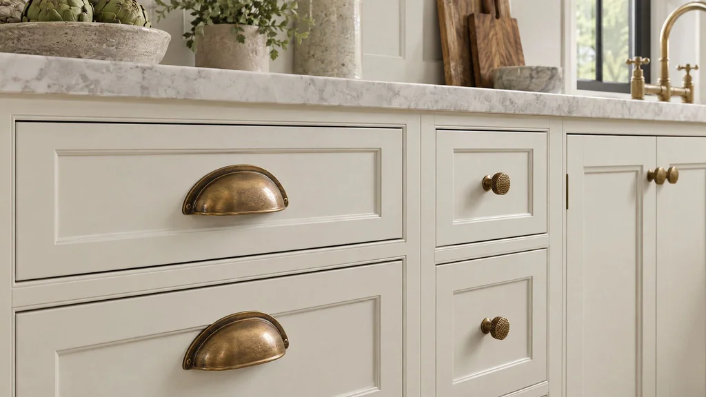 Close-up of aged brass cup pulls and knurled knobs on cream painted kitchen drawers