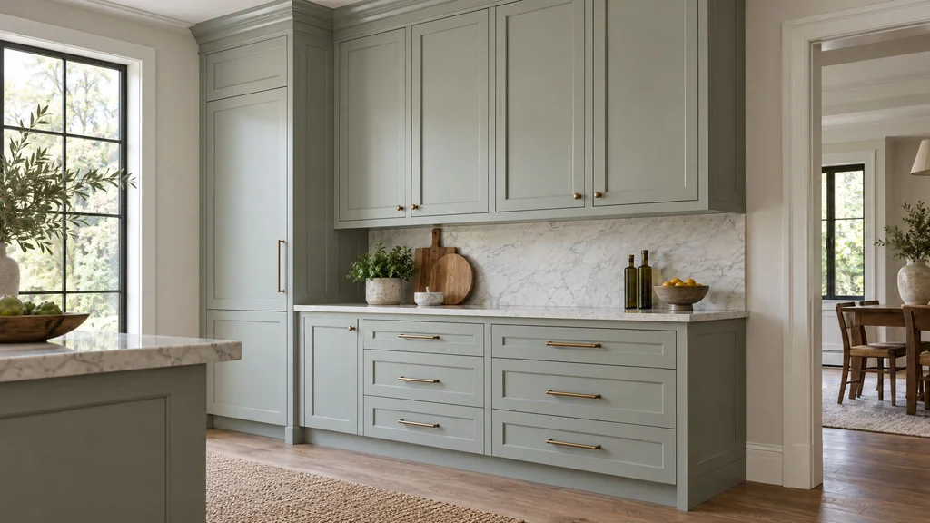 Detail of a painted kitchen cabinet run showing a recessed toe kick, a neat filler strip and crown molding at the ceiling