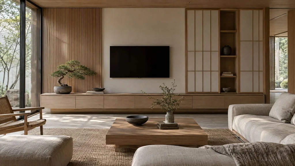 Japandi living room with low ash media console, slatted wood wall panels and shoji-inspired sliding cabinet doors