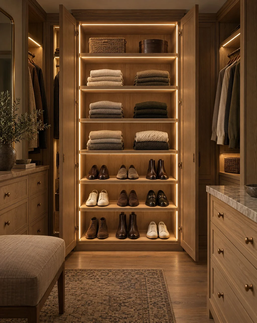Oak wardrobe shelving lit by warm integrated LED strips