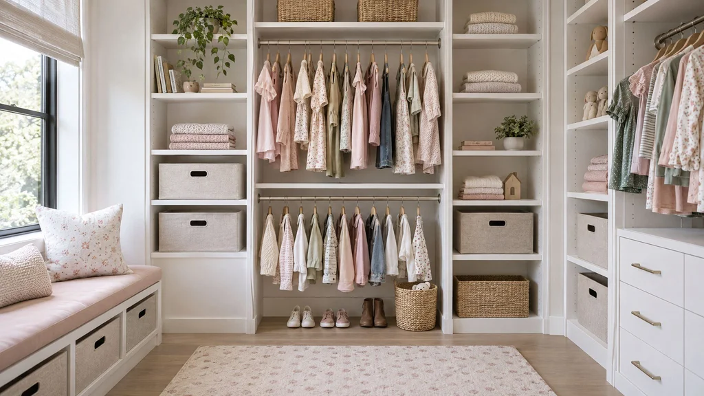 A child's custom closet with low hanging rods, fabric bins and adjustable white shelves with a pastel accent