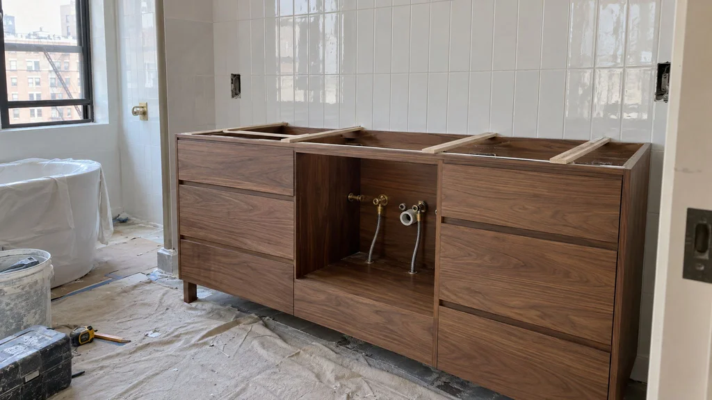 Installed walnut veneer vanity awaiting its stone top, with template strips across the opening in a New York apartment bathroom