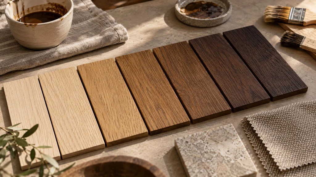 Row of white oak sample boards in graduated stain colors beside a fabric swatch and stone sample