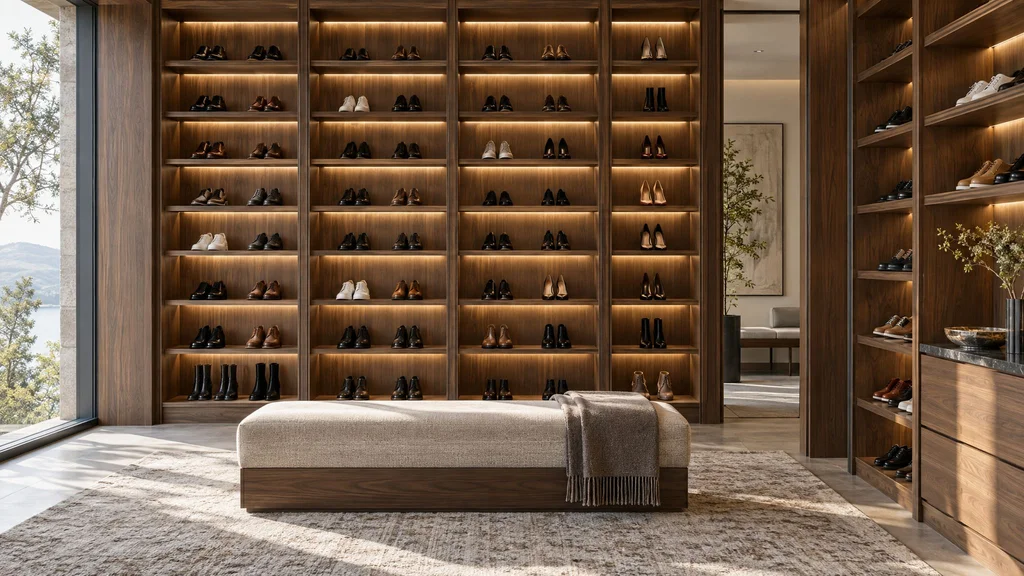 Floor-to-ceiling walnut shoe shelves with lit shelves displaying pairs of shoes