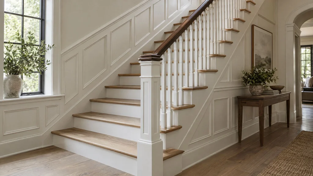 Elegant staircase with paneled wainscoting, a walnut handrail, painted balusters and newel post, and white oak treads