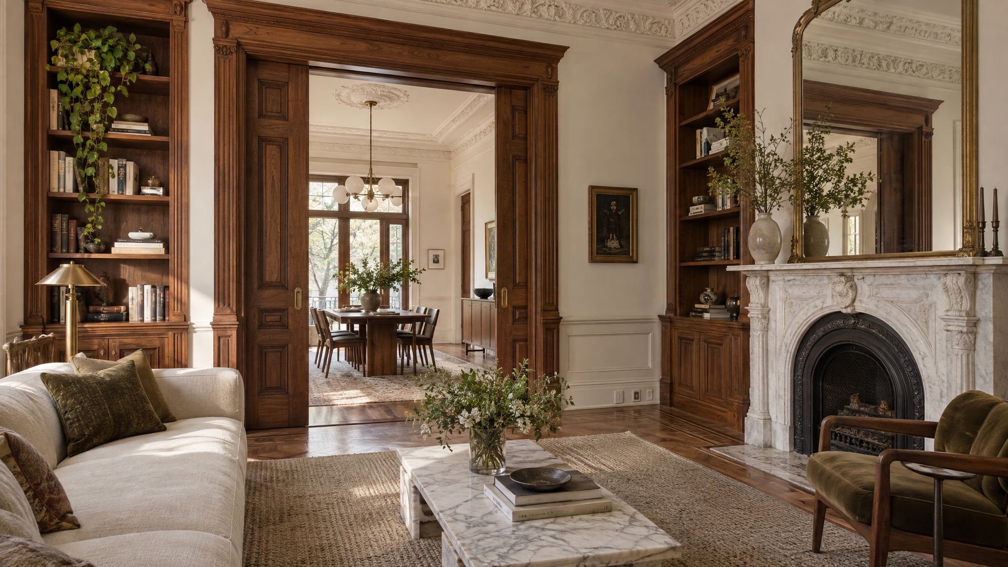 Brooklyn brownstone parlor floor with restored pocket doors, carved casings, walnut built-in bookcases and marble fireplace