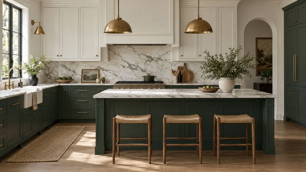 A two-tone kitchen with deep green lower cabinets, white upper cabinets, brass hardware and a marble backsplash