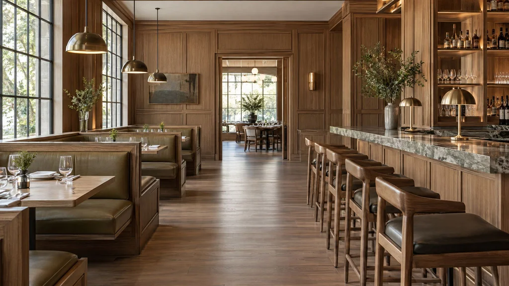A restaurant dining room with oak banquettes, wood wall panels and a bar
