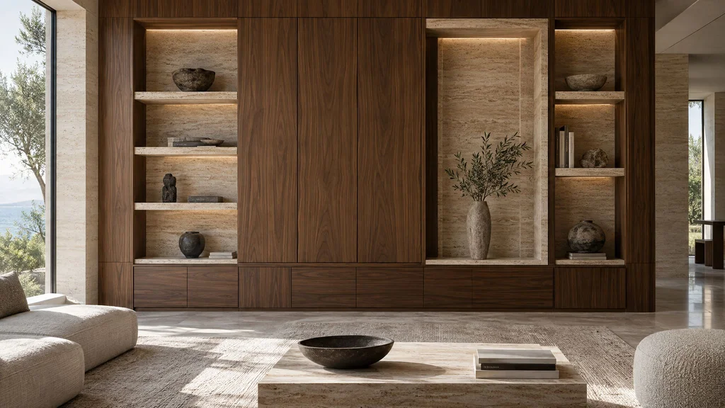 A walnut wall unit with integrated travertine shelves and stone-clad niches
