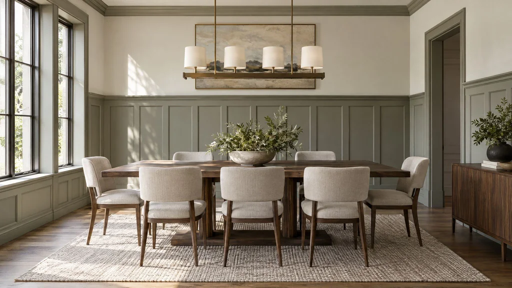 A dining room with tall painted wainscoting panels and a chair rail, modern furniture