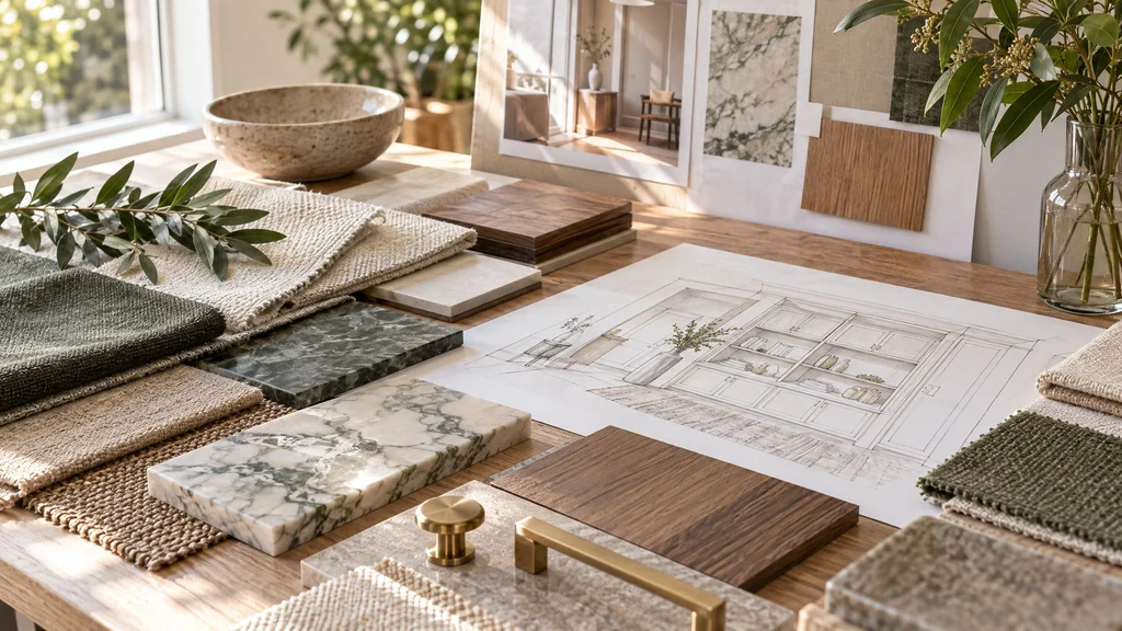 Interior designer's mood board with fabric swatches, marble and wood finish samples, brass hardware, and a built-in cabinetry sketch