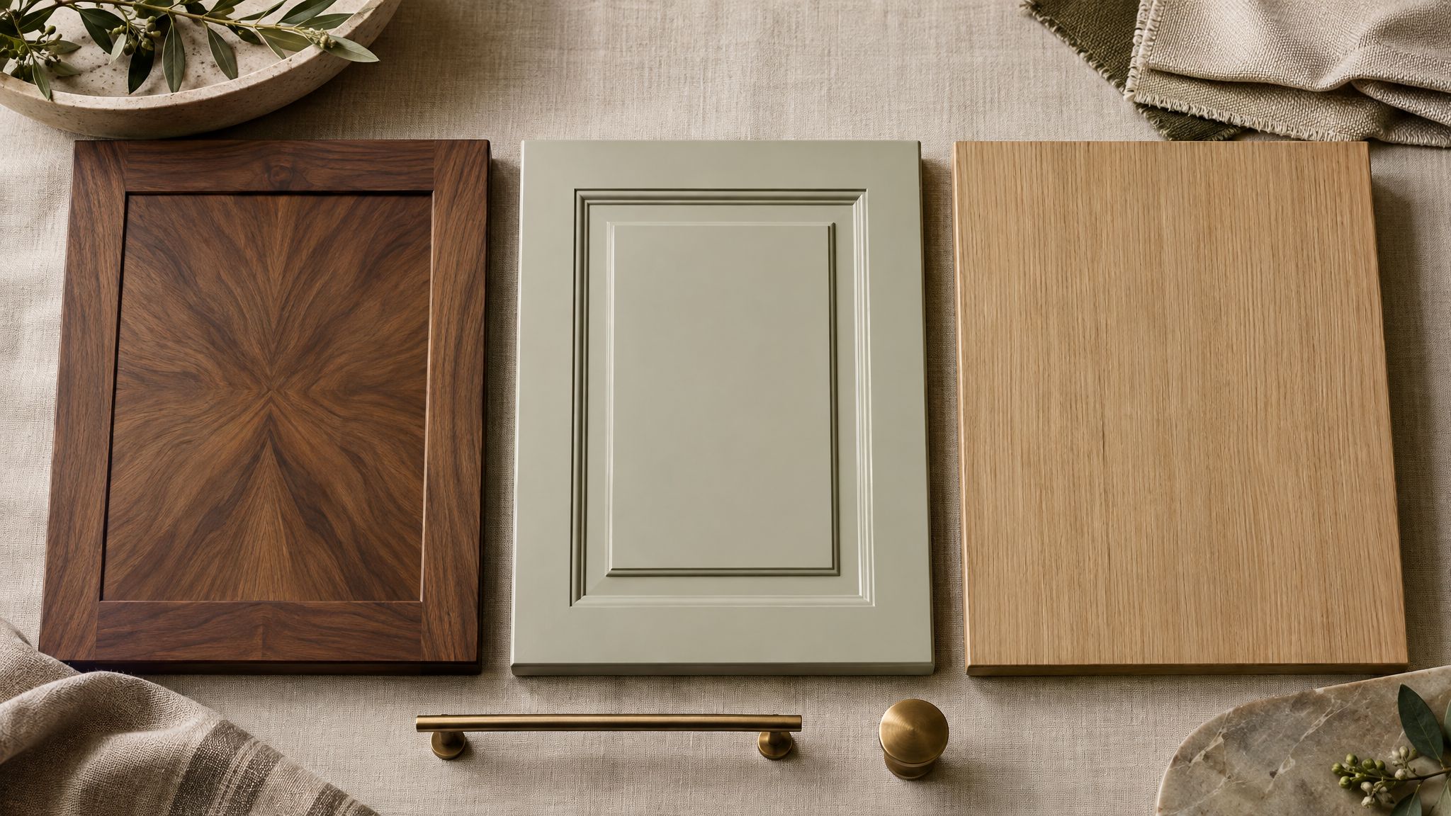 Three custom cabinet doors — book-matched walnut, painted inset, and rift white oak — arranged with brass hardware