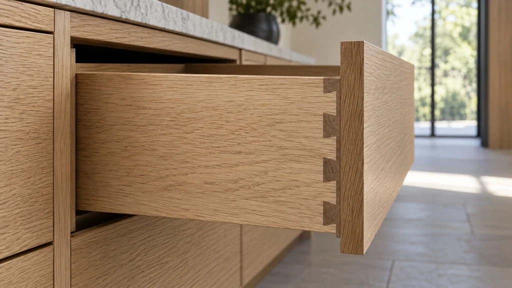 Close-up of a pulled-out solid white oak drawer box with crisp dovetail joints