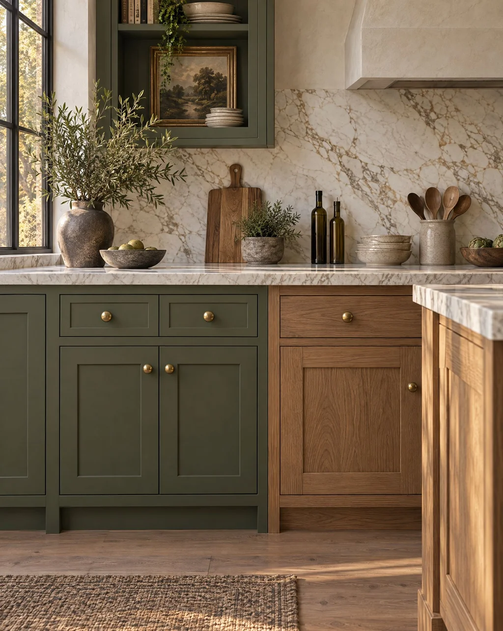 Sage-green inset kitchen cabinets with brass knobs beside a white oak base cabinet