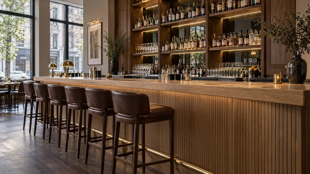 Long restaurant bar with a fluted rift white oak die, thick oak bar top in satin polyurethane, brass foot rail, and a lit walnut back bar