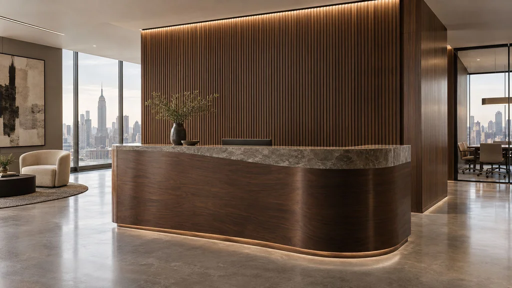 Corporate office reception with sculptural walnut reception desk, stone top, fluted wood wall paneling and linear lighting