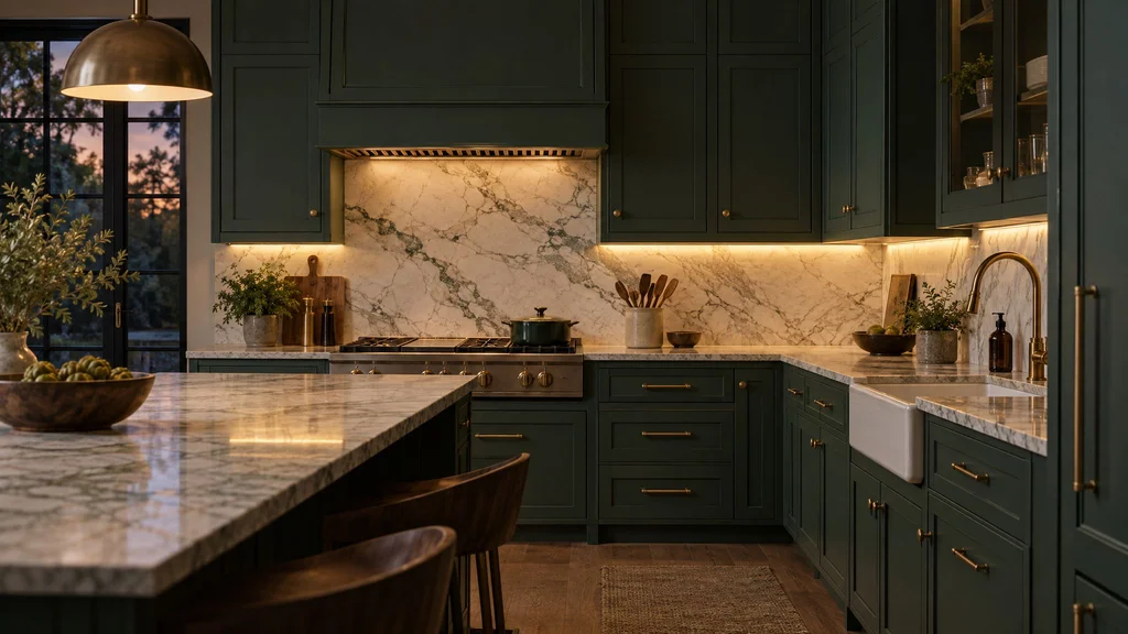 Warm under-cabinet LED lighting washing a marble backsplash in the evening, dark green kitchen cabinets
