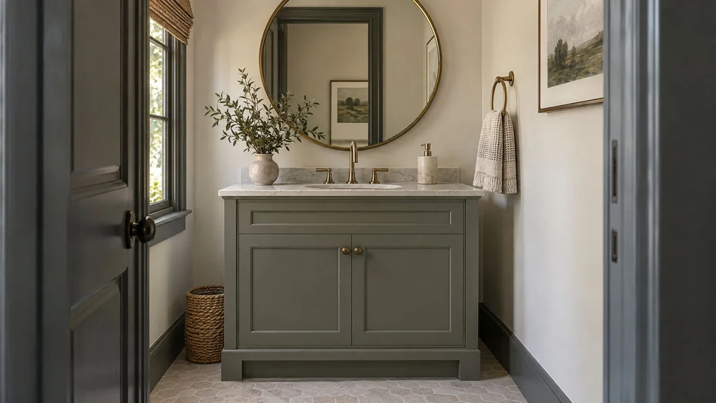 A guest bathroom with a painted vanity, a round mirror and a towel ring