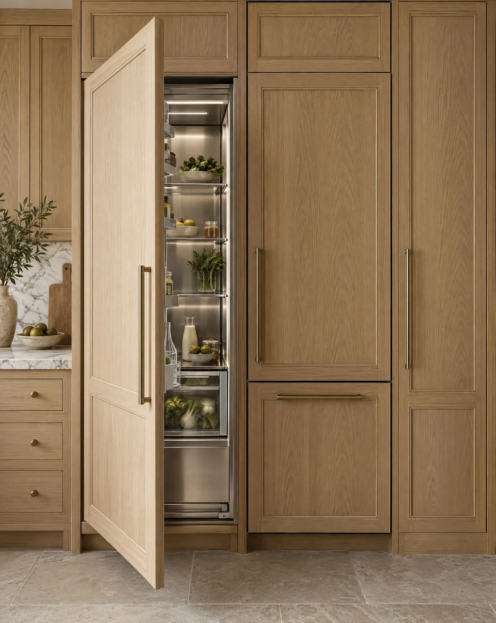 White oak panel-ready refrigerator door open beside matching tall cabinet panels