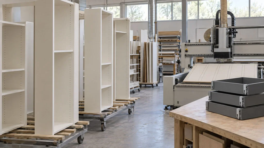 Painted MDF closet panels on drying racks in a millwork shop beside a CNC router and stacked steel drawer boxes