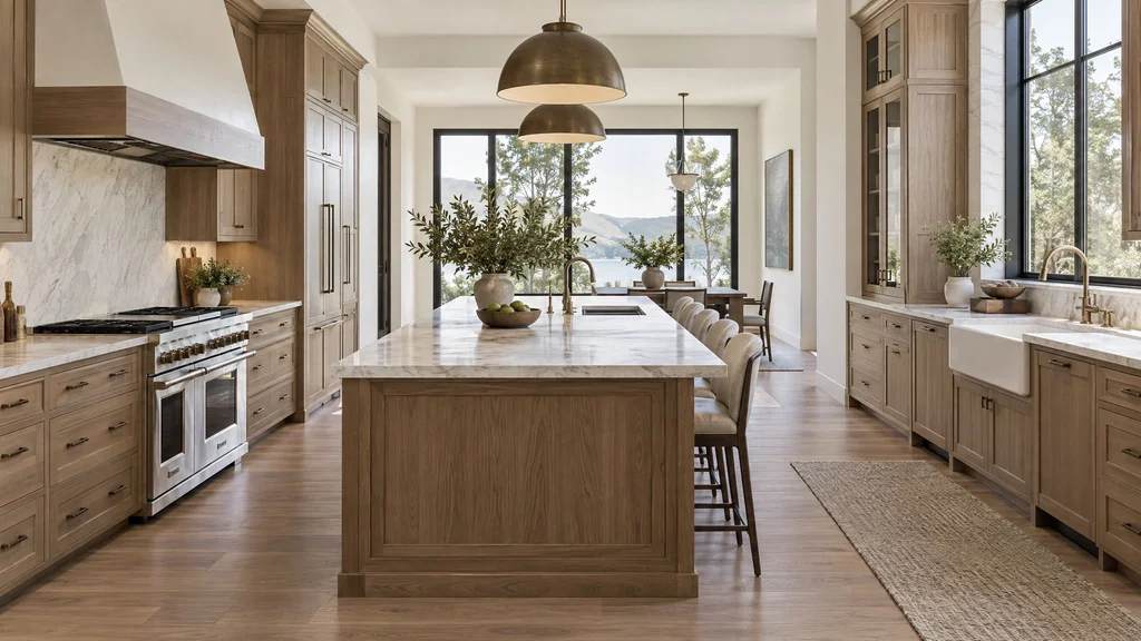 A well-planned custom kitchen with generous walkways around a long island, clear work zones and good lighting