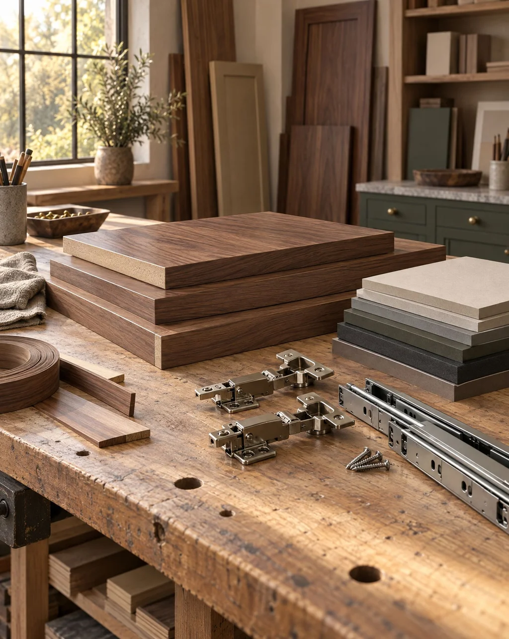 Walnut veneer panels, laminate samples and commercial hardware on a workbench