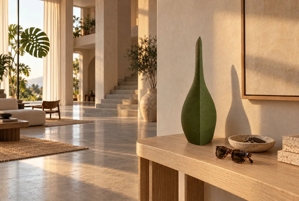 OBJ STUDIO Rov Series vase in Grain Skin texture styled as a water-free entryway catch-all with keys