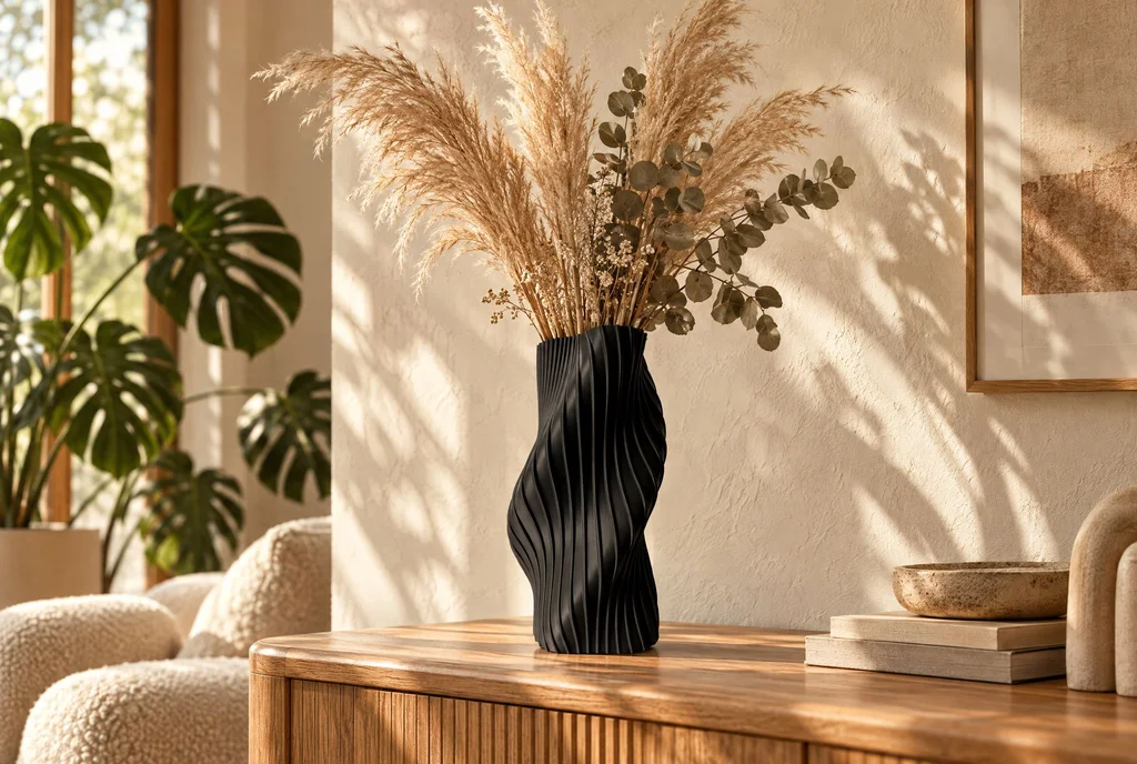 OBJ STUDIO Fluid Series large vase styled with dried pampas grass on a sunlit console table, no water in the vase