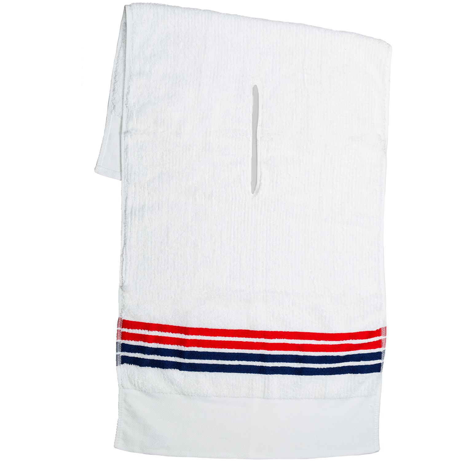 a white towel with red, white, and blue stripes