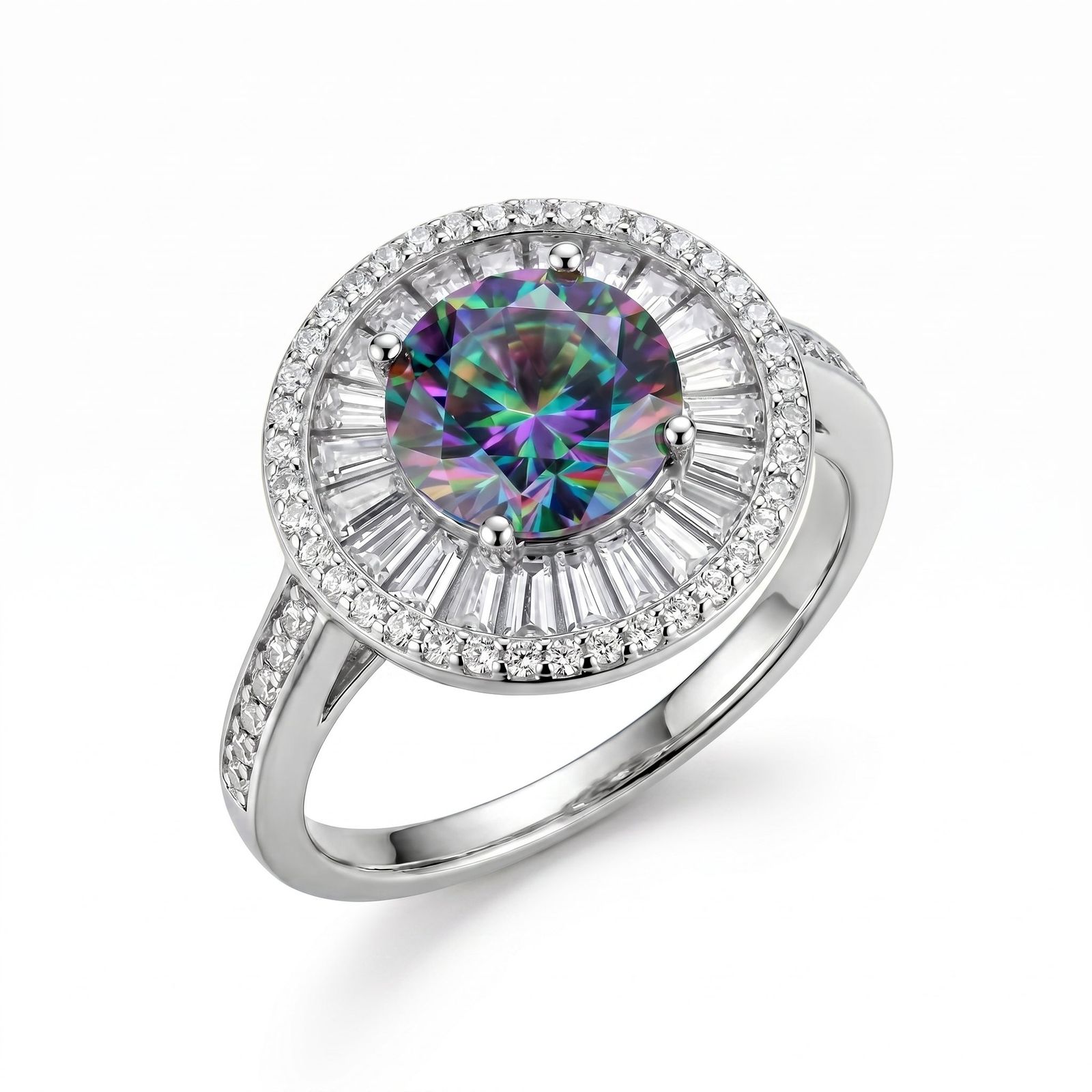 a white gold ring with a rainbow colored diamond