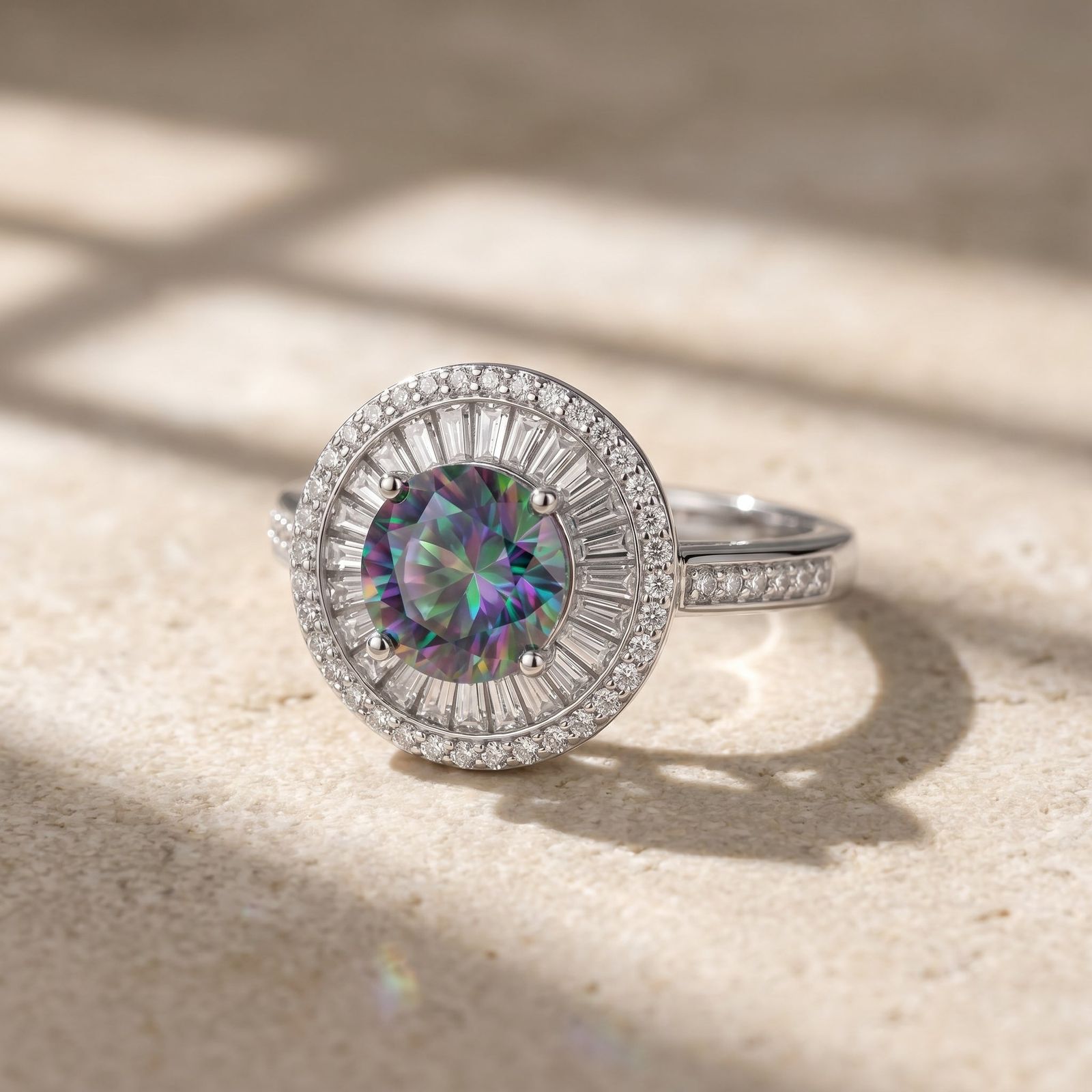 a diamond ring with a rainbow colored diamond in the center