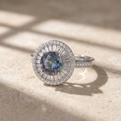 a diamond ring with a rainbow colored diamond in the center