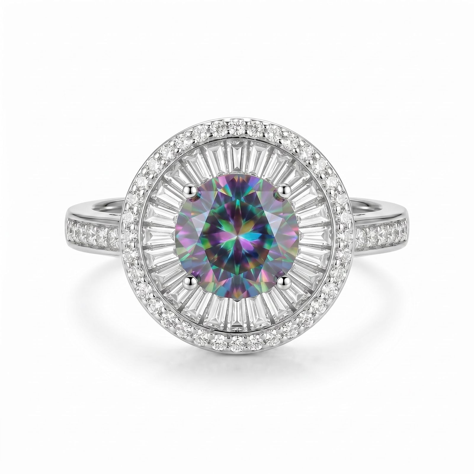 a white gold ring with a rainbow colored diamond in the center