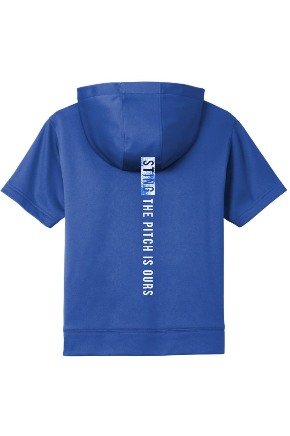 a blue hoodie with a white print on it