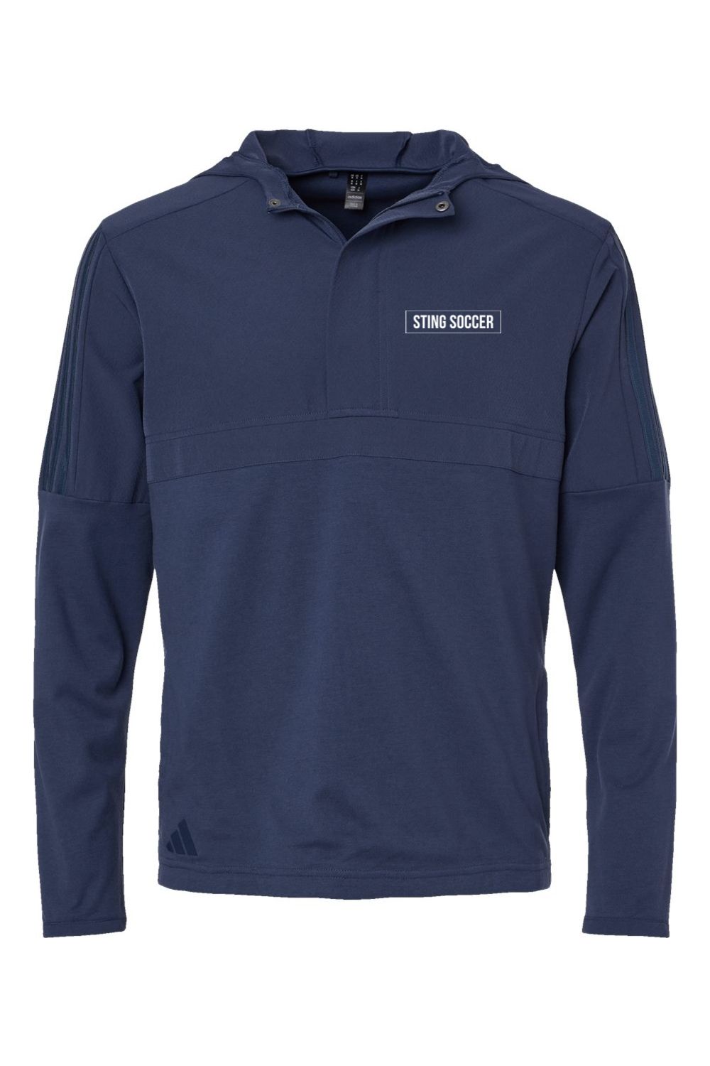 a blue sweatshirt with a white logo on the chest