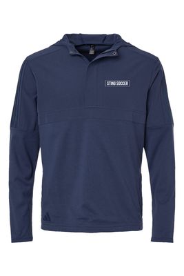 a blue sweatshirt with a white logo on the chest