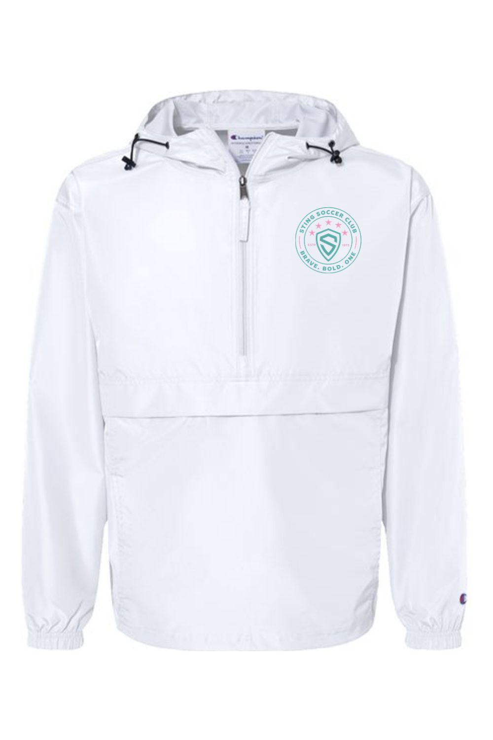 a white jacket with a green logo on the chest