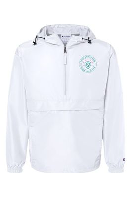 a white jacket with a green logo on the chest