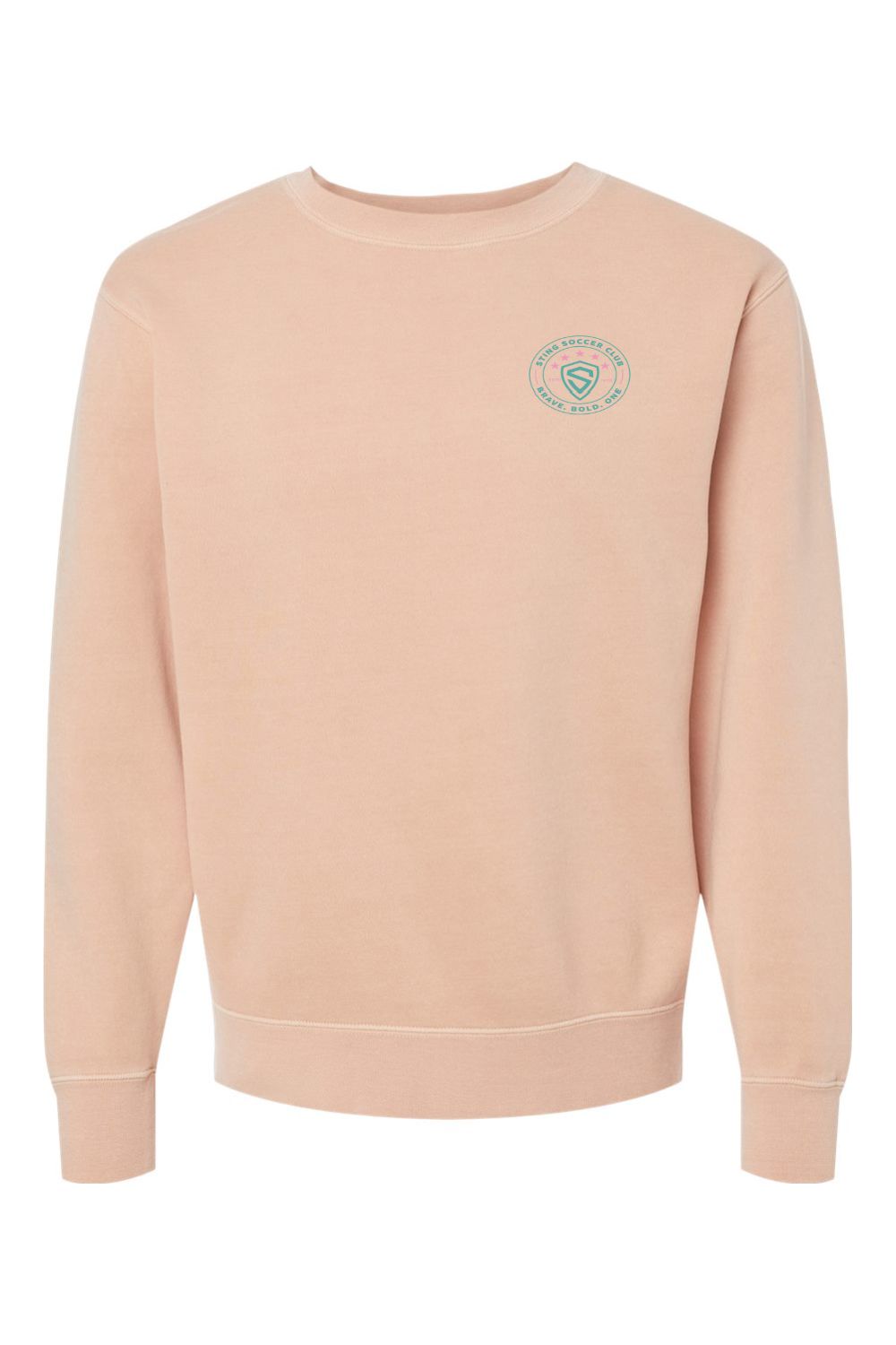 a pink sweatshirt with a green emblem on the chest