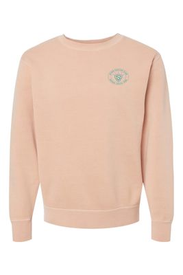 a pink sweatshirt with a green emblem on the chest