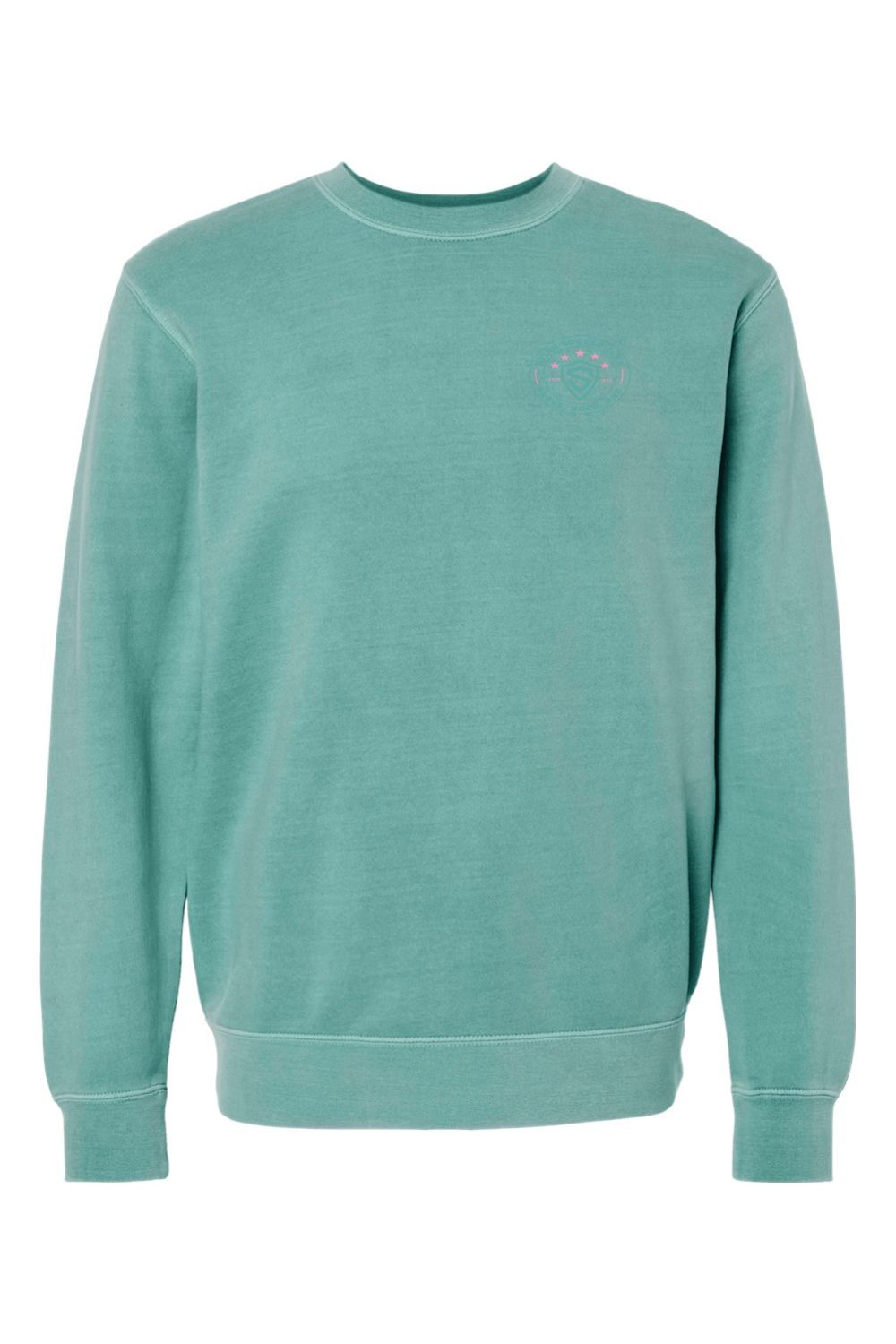 a green sweatshirt with a small embroidered logo on the chest
