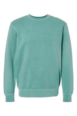 a green sweatshirt with a small embroidered logo on the chest