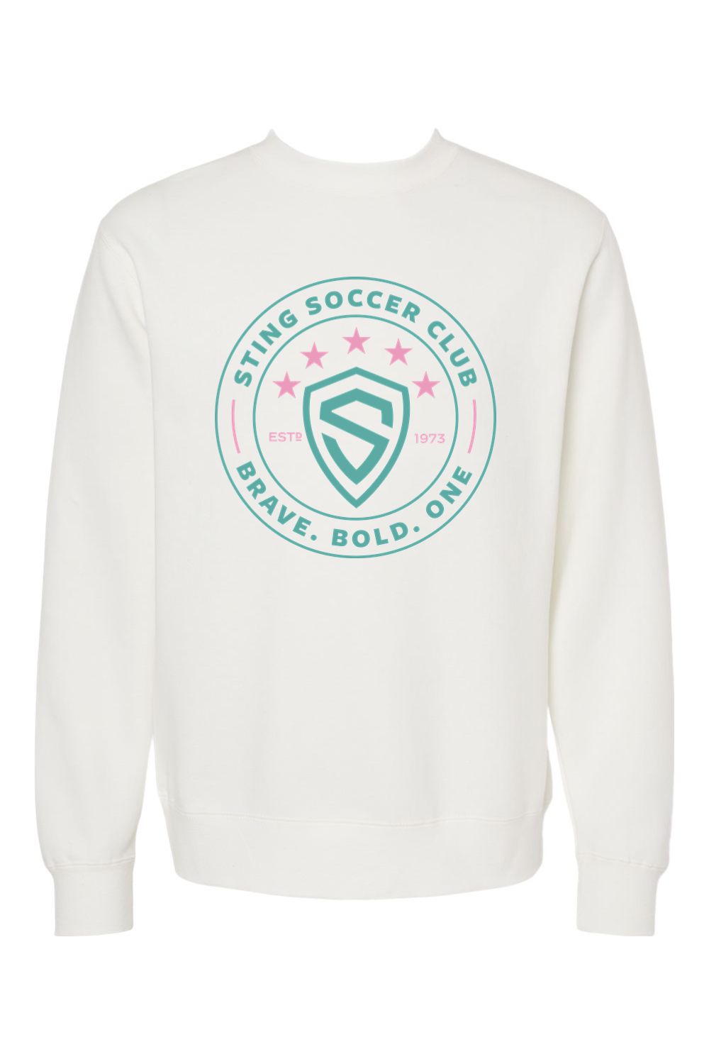 a white sweatshirt with a green and pink logo