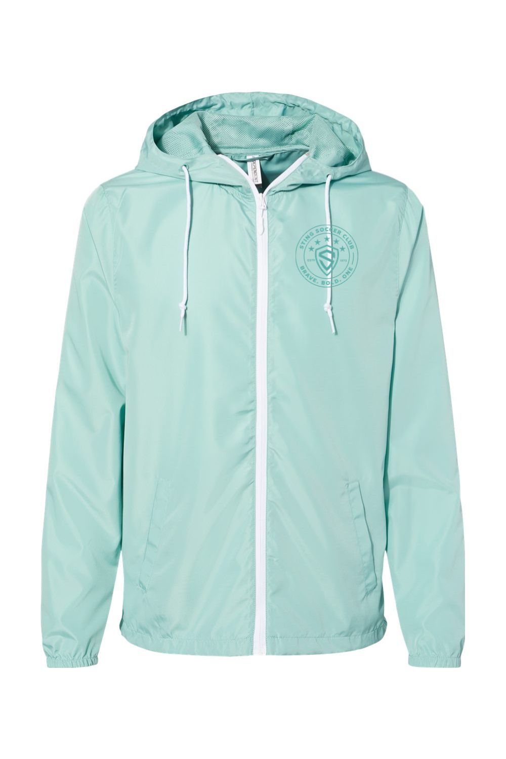 a light green jacket with a white hoodie