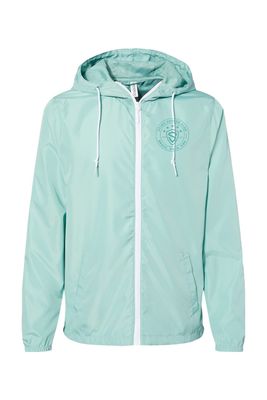 a light green jacket with a white hoodie