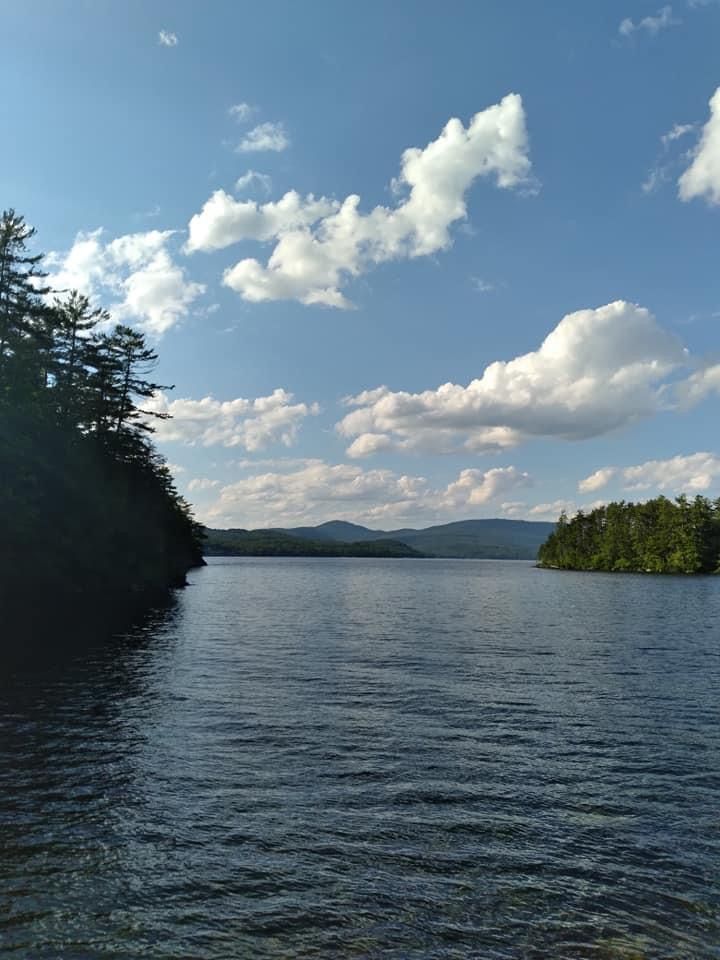 a large body of water surrounded by trees